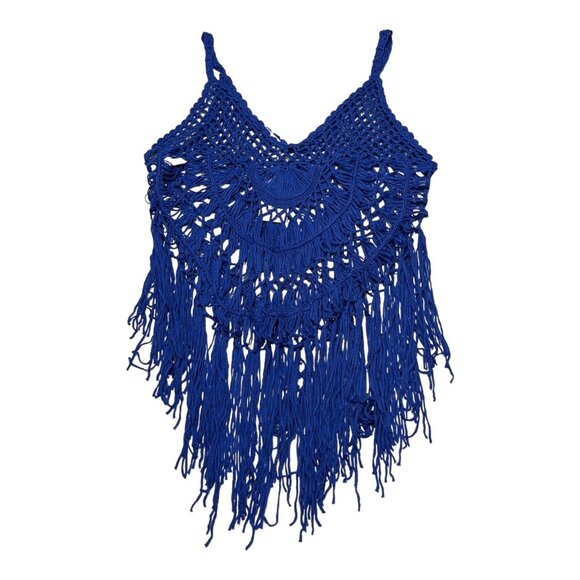 Ekouaer Beach Top Women L Blue Crochet Tank‎ Fringe Coverup Boho Hippie Festival - Picture 2 of 8
